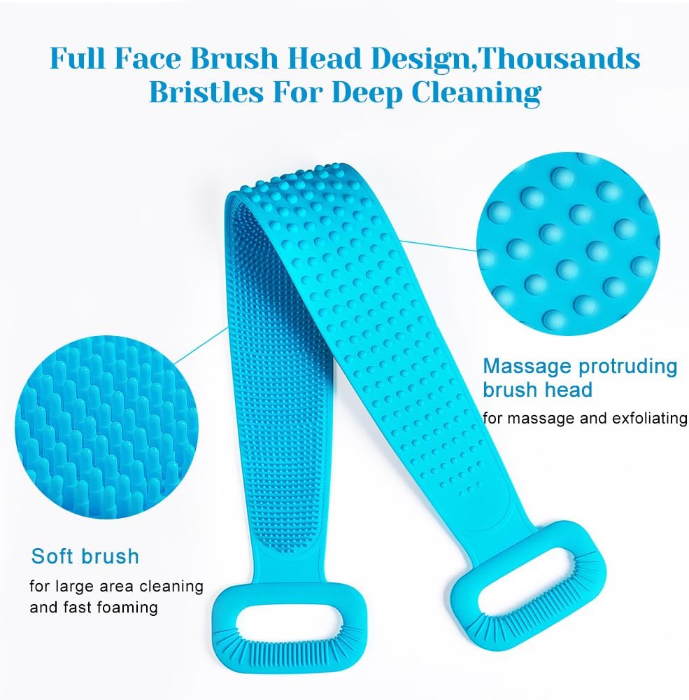 Inmorven Back Scrubber for Shower, 30" Double-Sided Back Brush with 15.7" Long Handle Toe Cleaning Brush, Silicone Foot Scrubber for Exfoliating and Massaging Feet