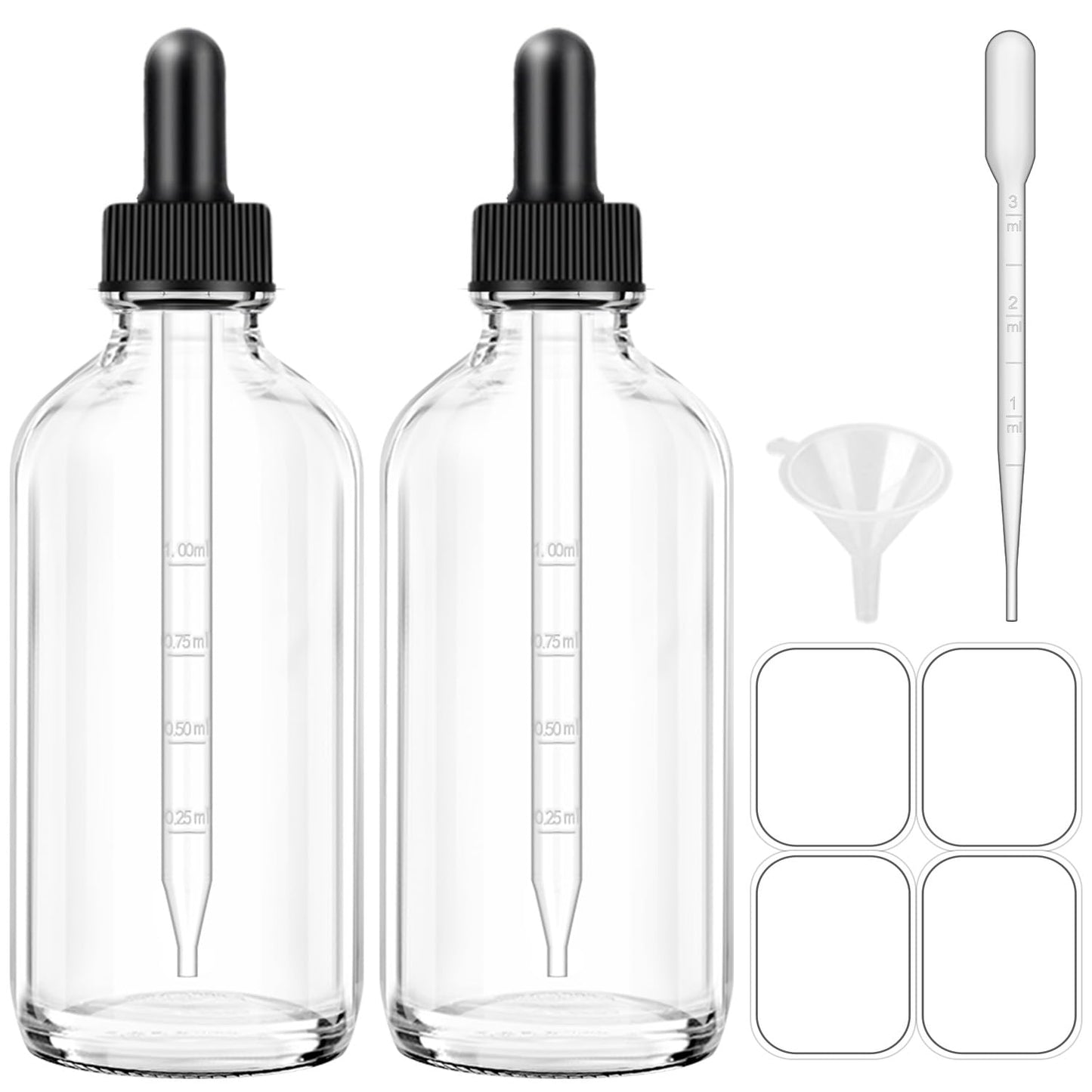 Bumobum Dropper Bottles, 4oz Clear Bottle with Dropper for Essential Oils with Funnel, Labels & Pipette, 2-Pack Tincture Bottles with Dropper(Unbreakable Plastic Eye Dropper)