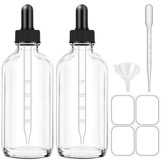 Bumobum Dropper Bottles, 4oz Clear Bottle with Dropper for Essential Oils with Funnel, Labels & Pipette, 2-Pack Tincture Bottles with Dropper(Unbreakable Plastic Eye Dropper)