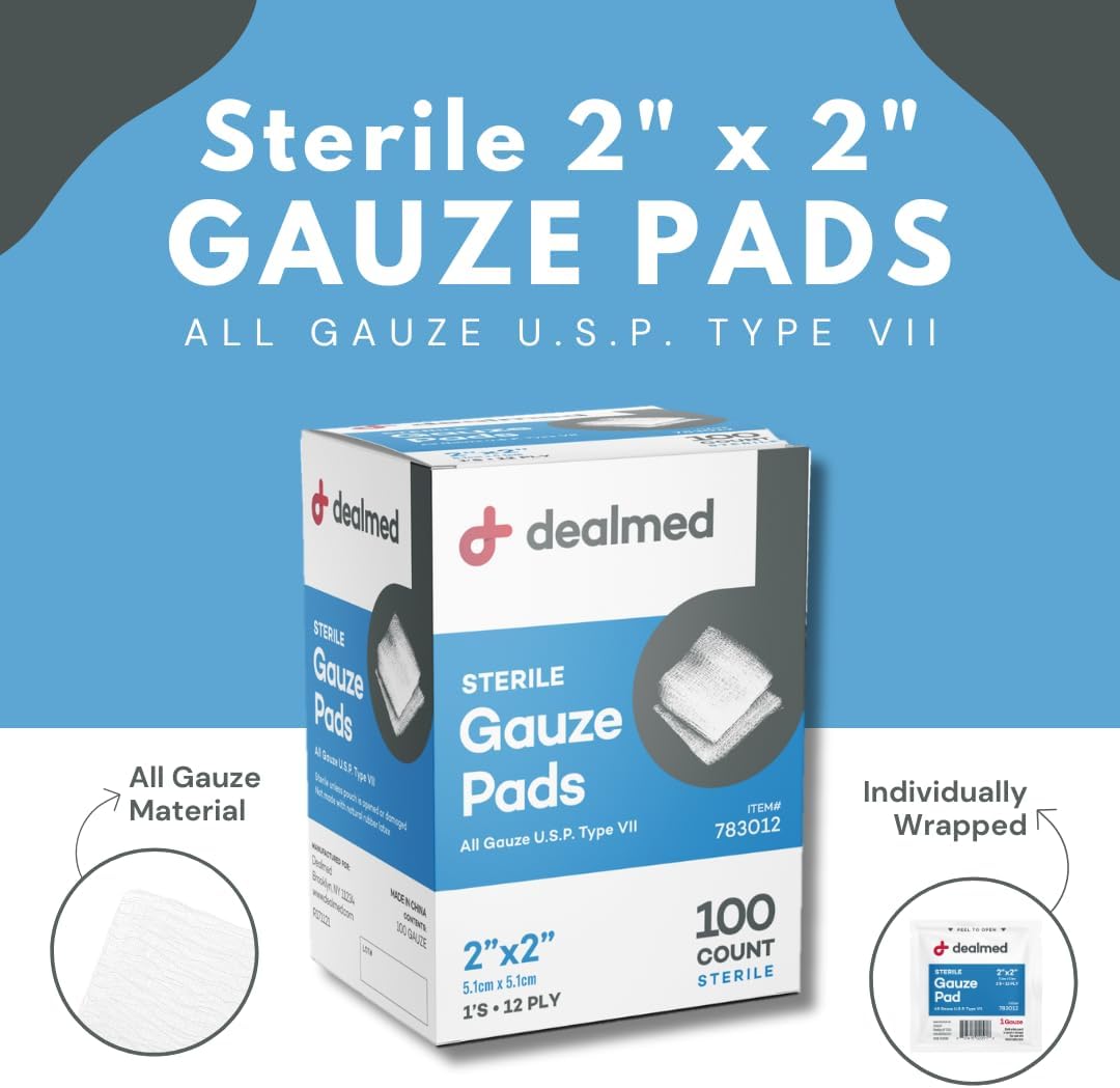 Dealmed 2’’ x 2’’ Sterile Gauze Pads (100 Count) Disposable and Individually Wrapped Medical Gauze Pads, Wound Care Product for First Aid Kit and Medical Facilities (Pack of 1)