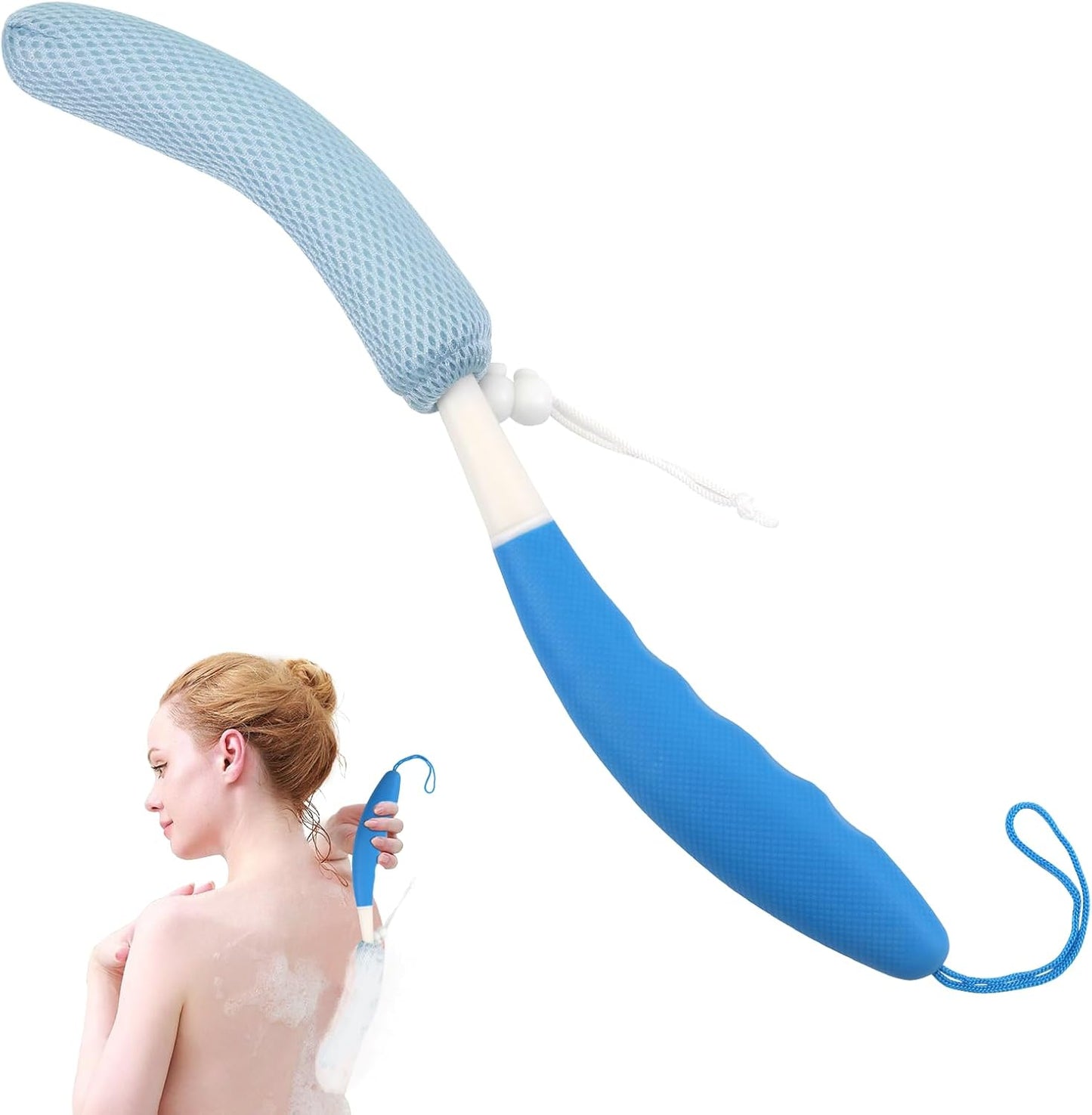 Back Scrubber for Shower，Mesh Sponge Body Shower Brush with Long Handle for Use in Shower Back Scrubber,Back Scrub for Exfoliating Body Scrubber or Shower Brush (Blue and Blue)