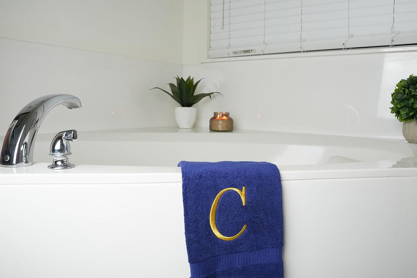 Navy Initial Hand Towel for Bathroom - Monogrammed Luxury Hotel Quality Decorative Embroidered Towel for Powder Room, Spa - GOTS Organic Certified - Set of 2 Letter C