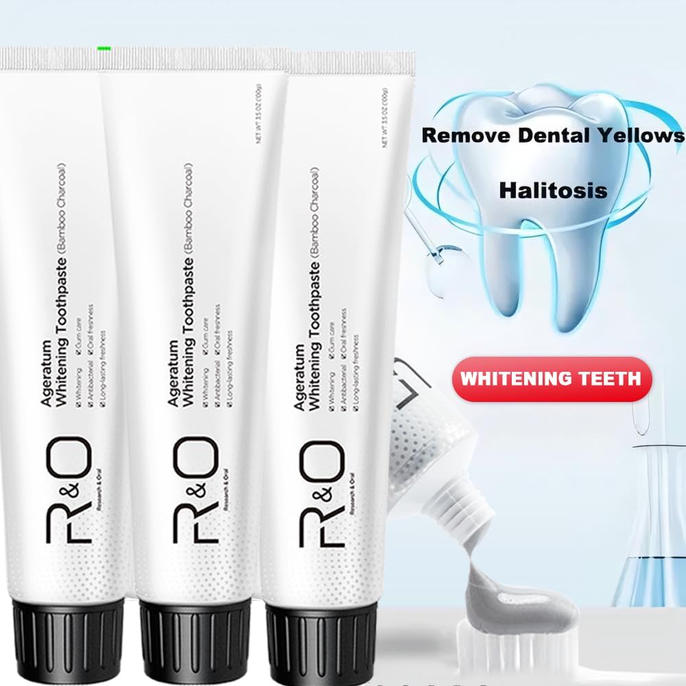 R&O Ageratum Whitening Toothpaste with Bamboo Charcoal, 3.53 oz - Removes Stubborn Stains, Great for Teeth Whitening, Reduces Plaque, Promotes Oral Health with Long - Lasting Fresh Breath (3 Tubes)