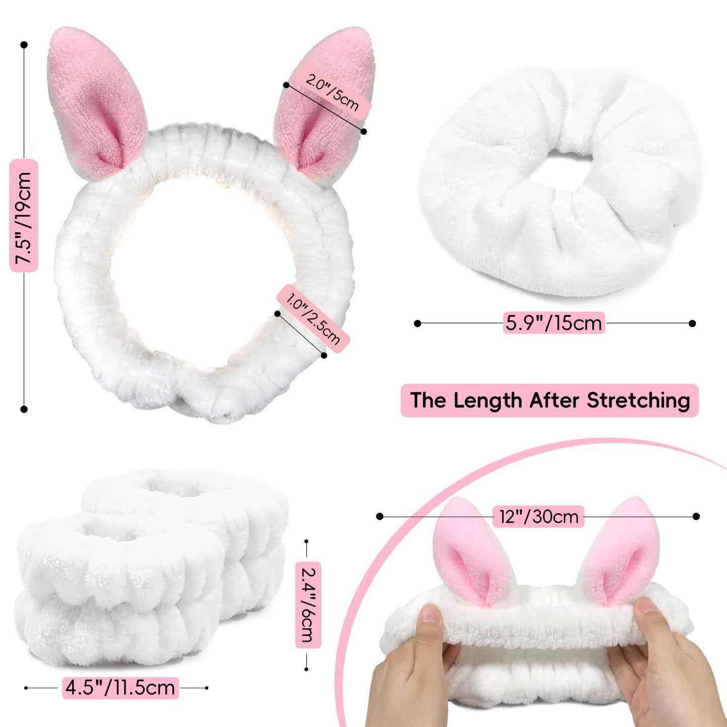 Face Wash Headband, Skincare Wrist Bands For Washing Face Set Spa Hair Bands come with a Hair Scrunchie, Cute White Rabbit Ears Elastic Headband, For Face Washing Makeup Skincare (White)