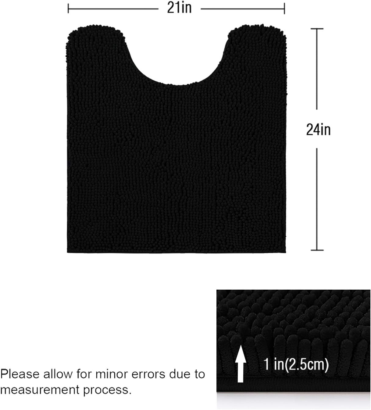 ITSOFT Non-Slip Shaggy Chenille Toilet Contour Bathroom Rug with Water Absorbent, 24 x 21 Inches U-Shaped Black