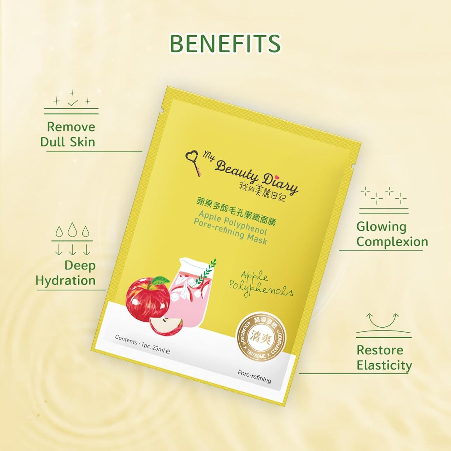 My Beauty Diary Apple Polyphenol Pore-refining Mask, Clarifying and Moisturizing Facial Mask, Restores Skin Elasticity, Self Care Face Sheet Mask for Dry Skin and All Skin Types (8 pcs)