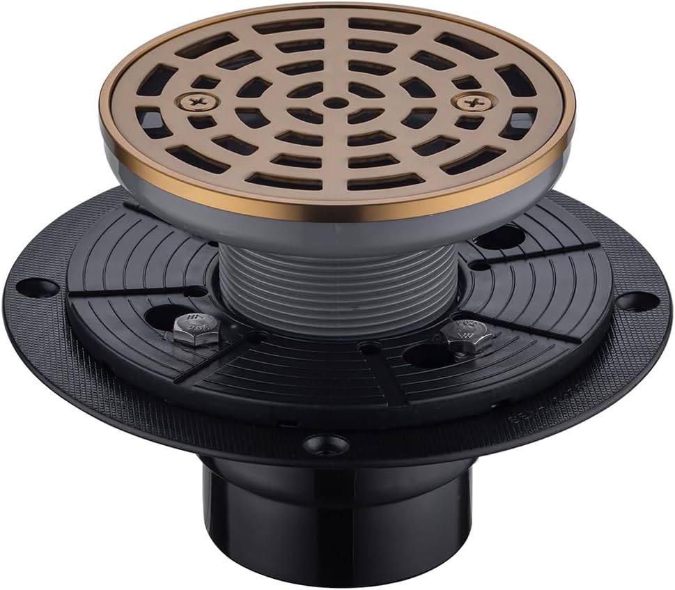 RANDOM Round Shower Drain SUS304 Stainless Steel Champagne Bronze Shower Drain 4 inch with Adjustable PVC Base Flange,Shower Floor Drain with Removable Cover Grid Grate