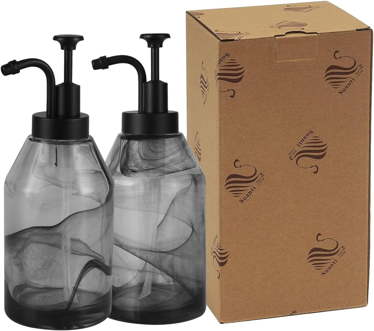 Bathroom Glass Soap Dispenser Set, 2 Pack 12.5 Oz Unique 3D Black Smog Thick Glass Hand Soap Bottle with Smooth Action Rust-Free ABS Pump, Kitchen Dish Soap Dispenser (Black)