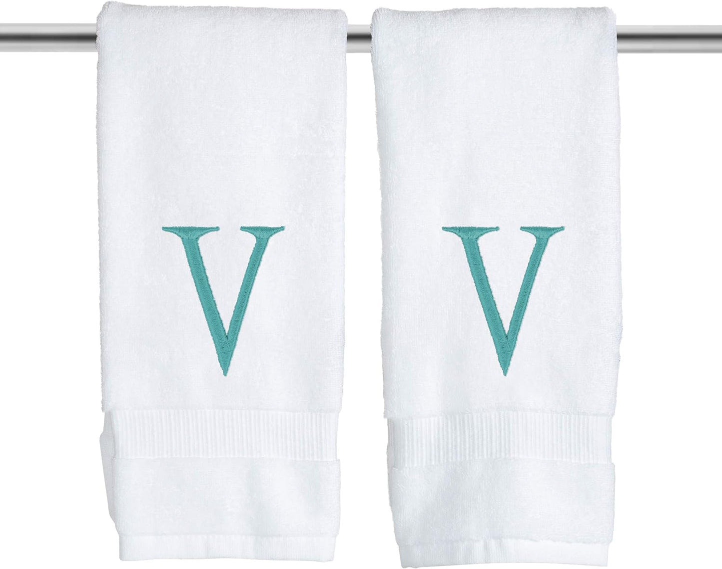 Teal Initial Hand Towel for Bathroom - Monogrammed Luxury Hotel Quality Decorative Embroidered Towel for Powder Room, Spa - GOTS Organic Certified - Pack of 2, Letter V