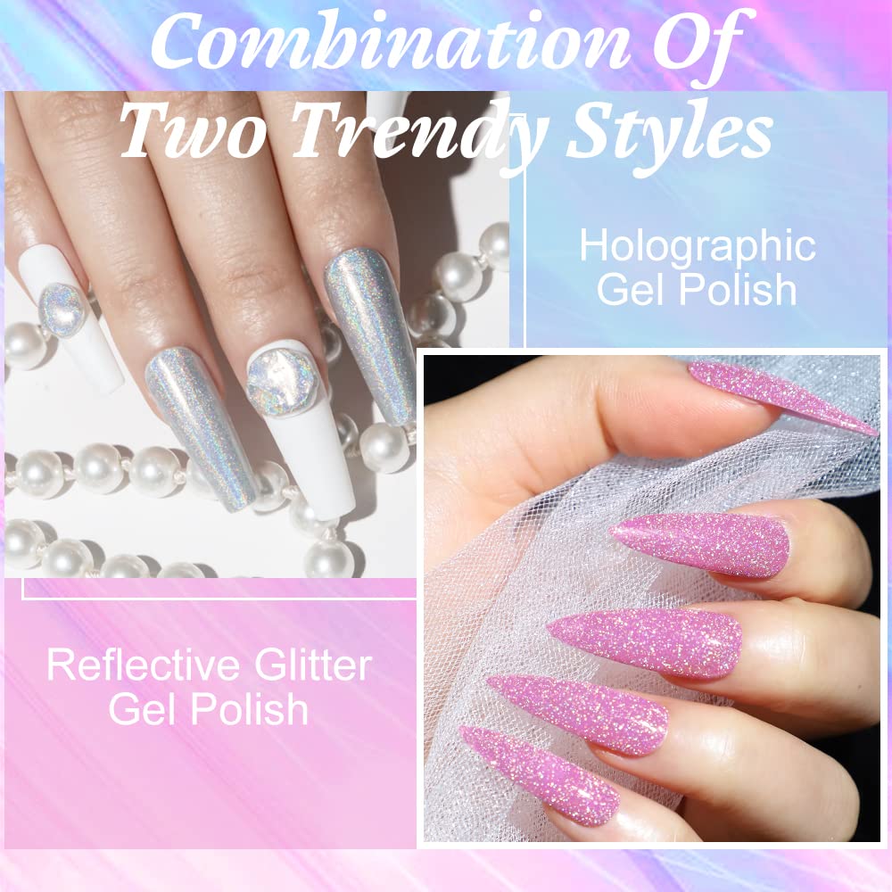 MIZHSE 6 Glitter and 6 Holographic Gel Nail Polish, Sparkle Shiny Glossy Rainbow Iridescent High Pigment Gel Polish Nail Lacquer Soak Off Manicure Art Gift for Ladies