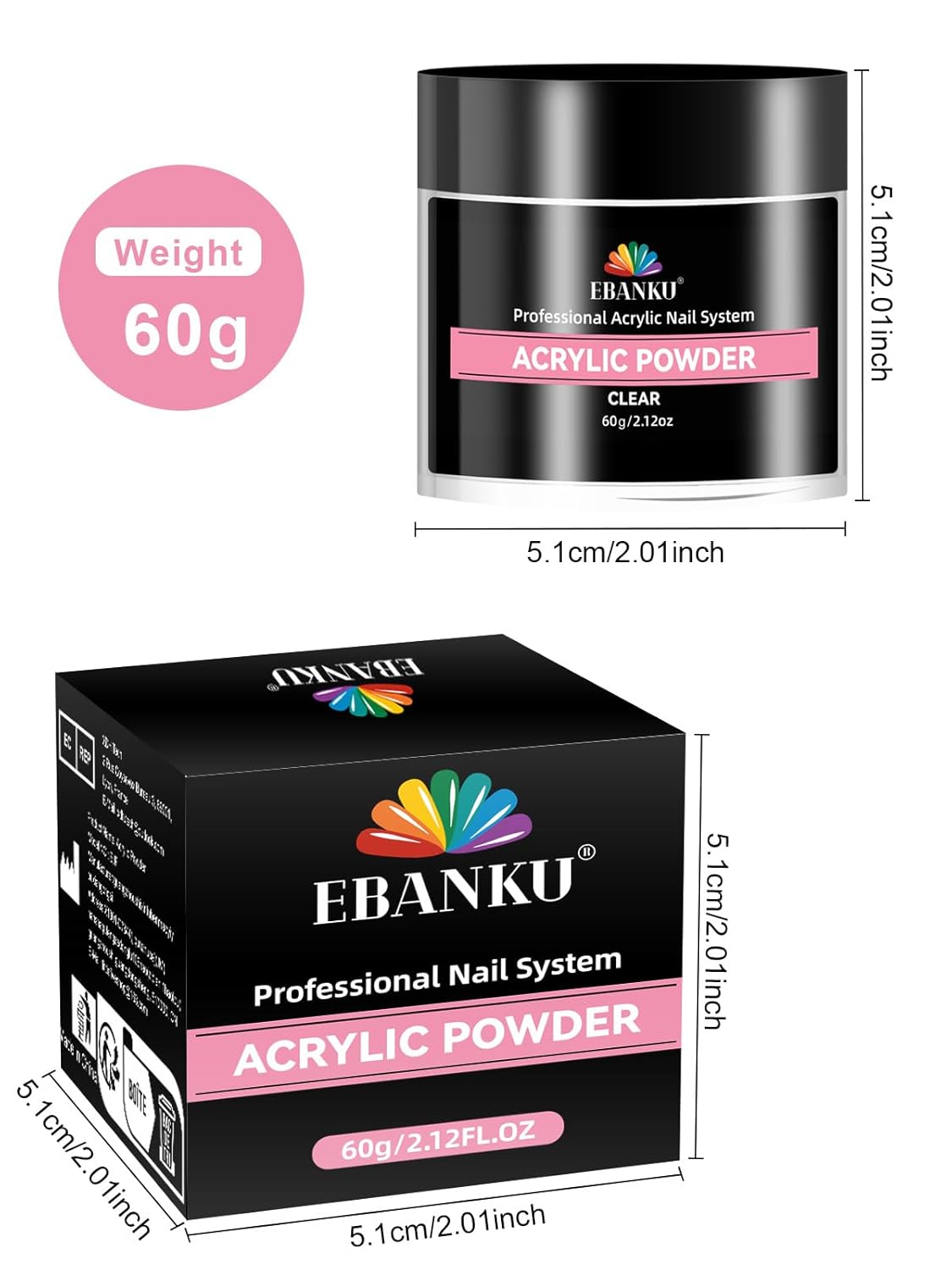 EBANKU Clear Acrylic Powder, 60g/2.12oz Crystal Transparent Acrylic Nail Powder for Nail Extenstion, Nail Carving, Professional Nail Powder for French Manicure, Long-Lasting, No Lamp Needed