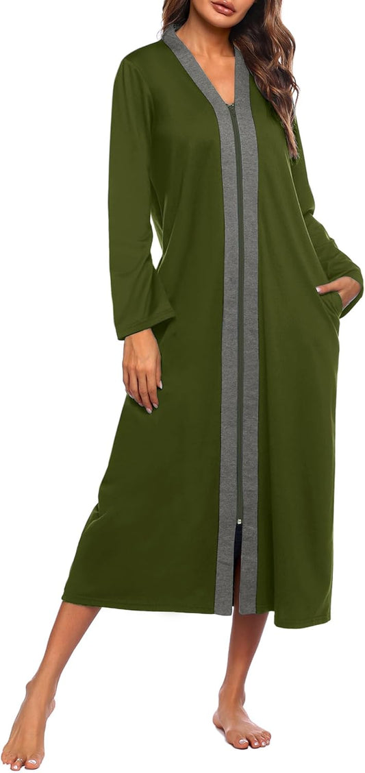 Ekouaer Women Zipper Robe Long Sleeve Loungewear Lightweight Housecoat Full Length Nightgown with Pockets