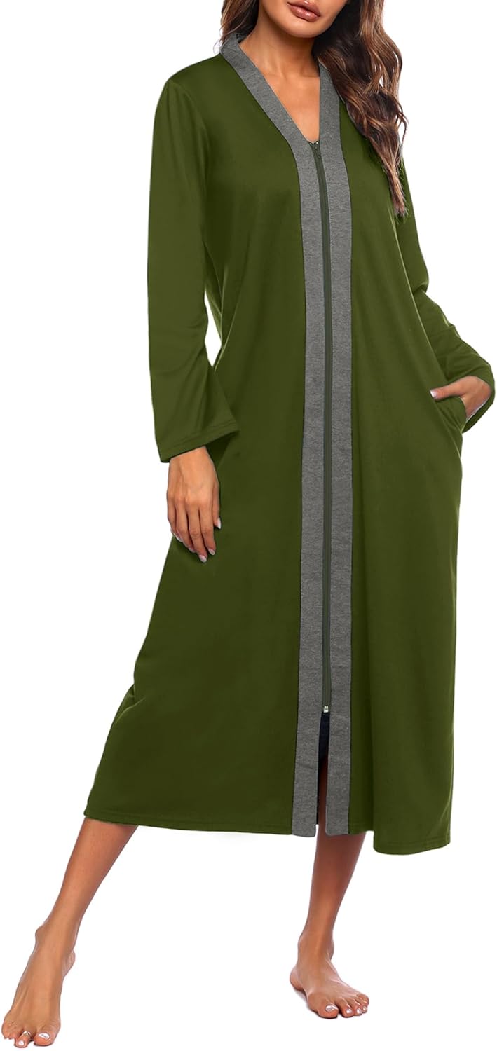 Ekouaer Women Zipper Robe Long Sleeve Loungewear Lightweight Housecoat Full Length Nightgown with Pockets