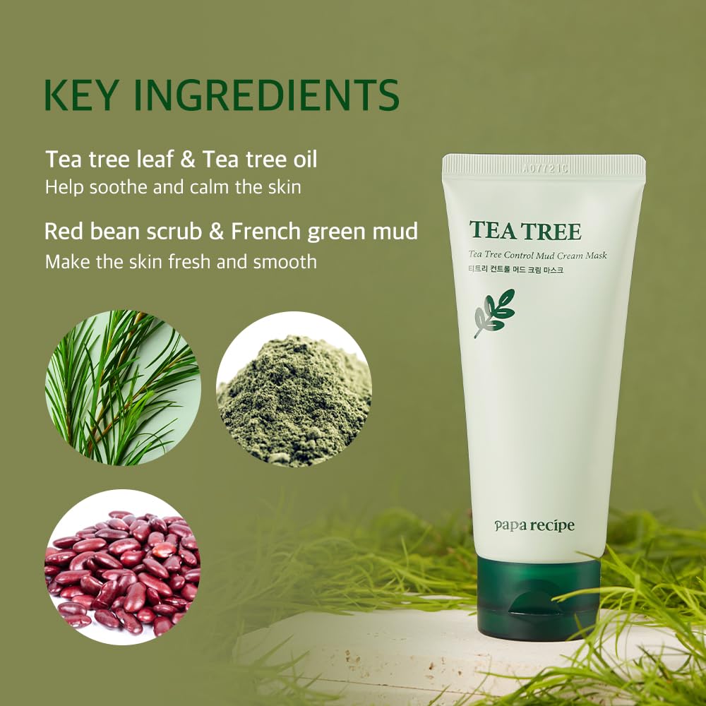 Papa Recipe Tea Tree Mud Mask – Kaolin & Bentonite Clay for Pore Care & Oil Control – Red Bean Exfoliation & Soothing Formula – Korean Skincare