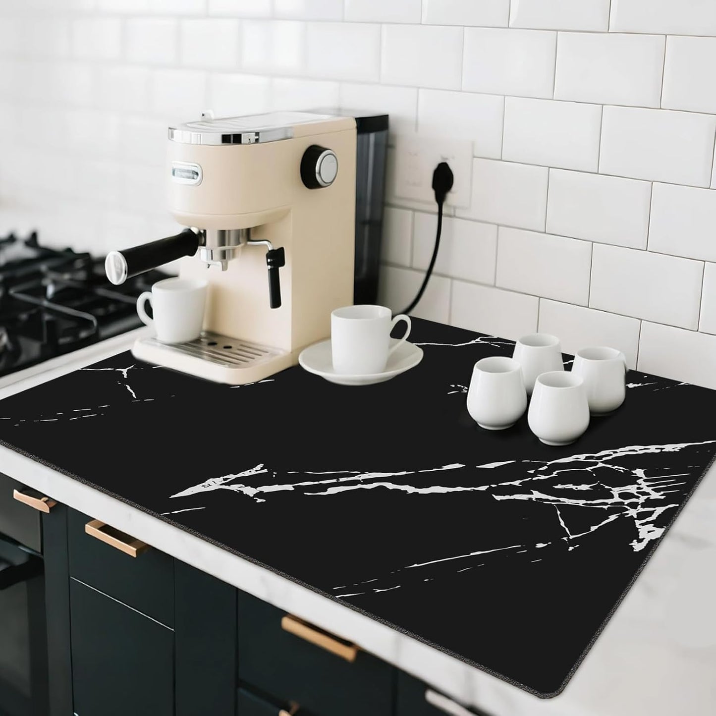 Dish Drying Mat for Kitchen Counter, 24"x16" Coffee Mat Bar Accessories, Hide Stain, Rubber Backed, Absorbent, Fit Under Coffee Maker, Espresso Machine, Pot, Dish Rack (Black)