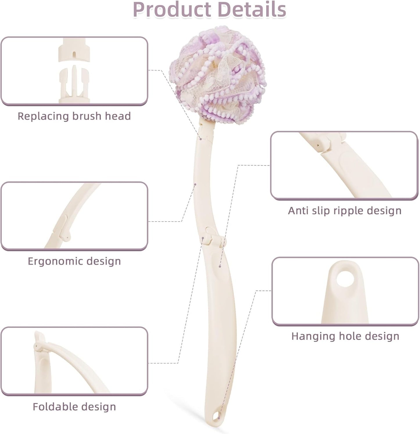 Loofah Sponge with Handle,Back Scrubber Brush for Shower, Lotion Applicator for Back,3 in 1 Shower Kit (Purple loofah)