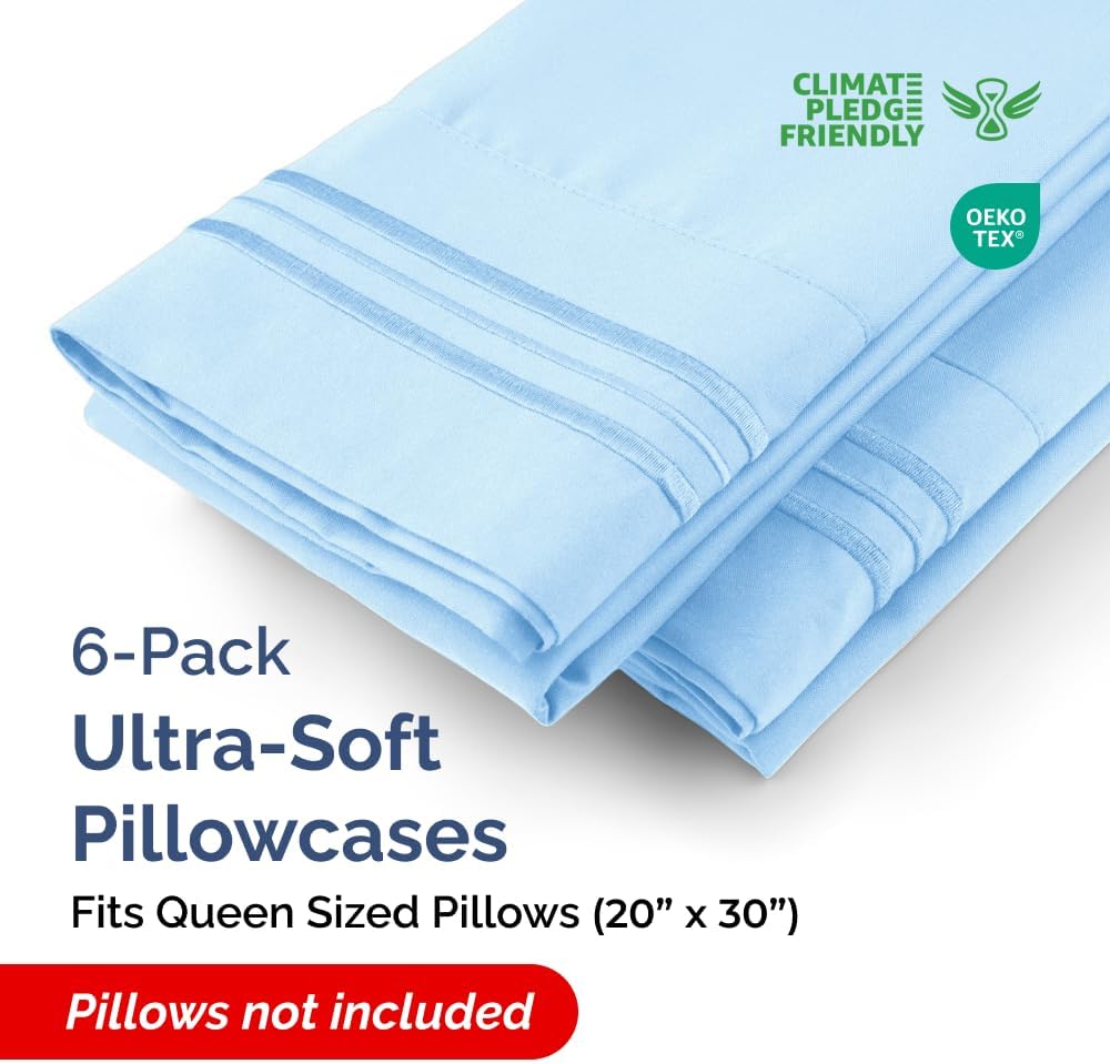 Queen Pillow Cases Set of 6 - Ultra Soft Hotel Quality Pillowcase Covers - Comfy, Cozy & Wrinkle Free - Shrink, Stain & Fade Resistant - Machine Washable Pillow Protectors - 6 Piece Set - Light Blue