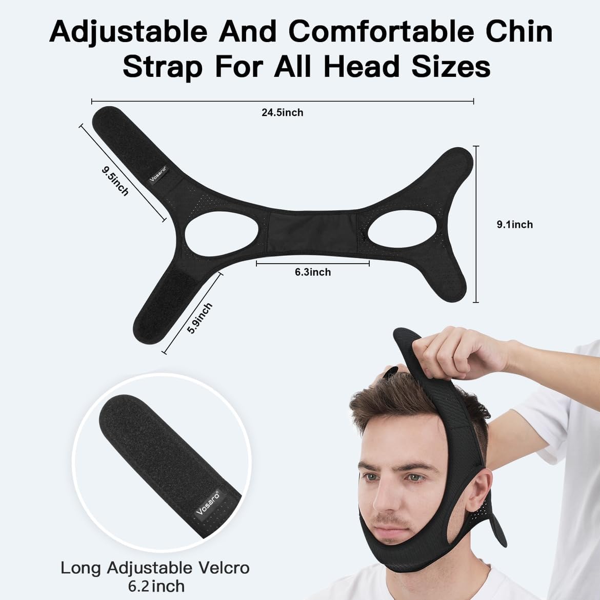 Anti Snore Chin Strap [Upgraded], Vosaro Snoring Solution Effective Anti Snore Device, Adjustable and Breathable Stop Snoring Head Band for Men Women, Black