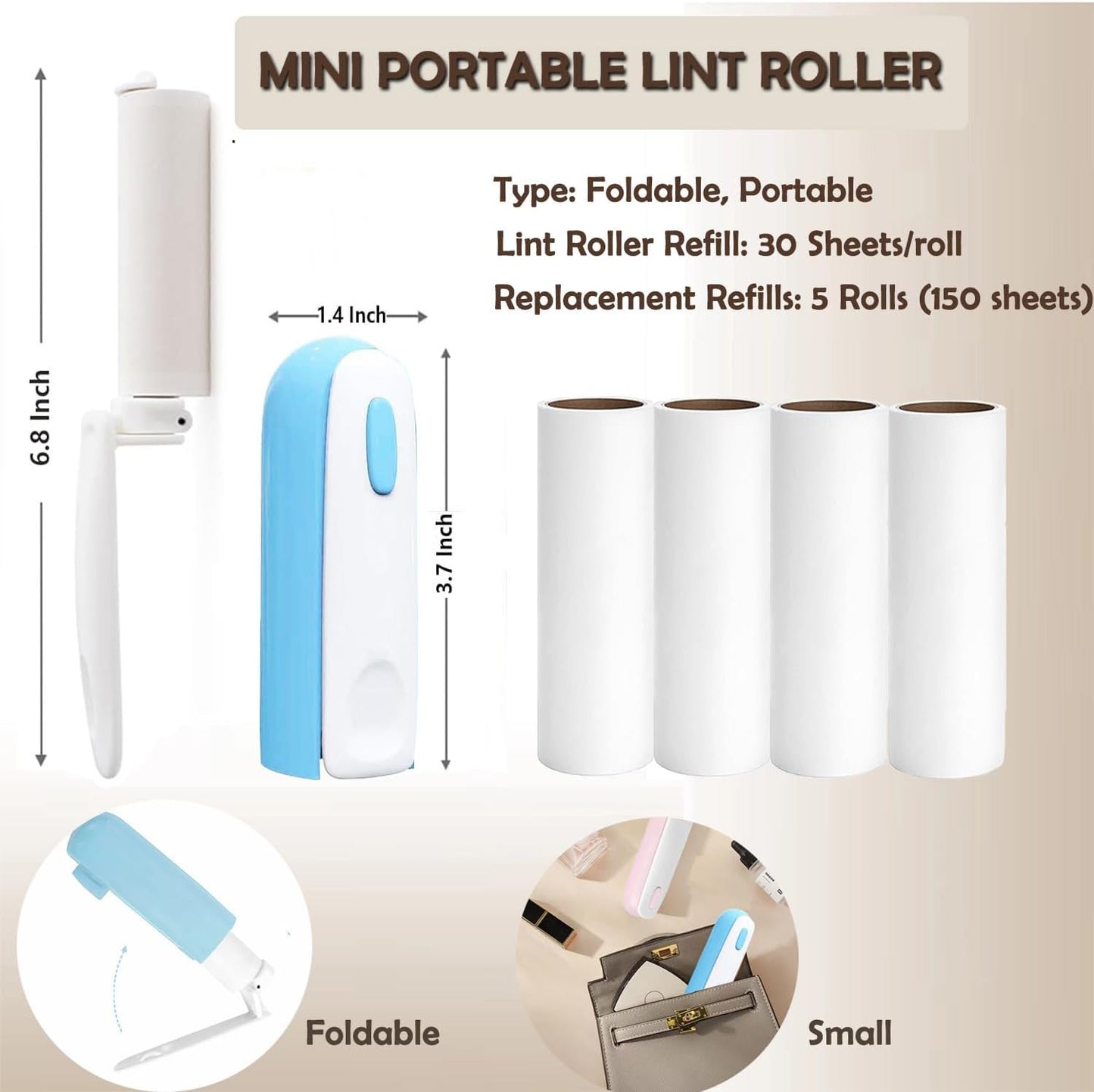 Mini Lint Roller with 150 Sheets, Travel Size Portable Lint Roller Compact Pet Hair Remover with 5 Refills, Sticky Small Lint Remover for Pocket Travel Essentials for Clothes (Blue)