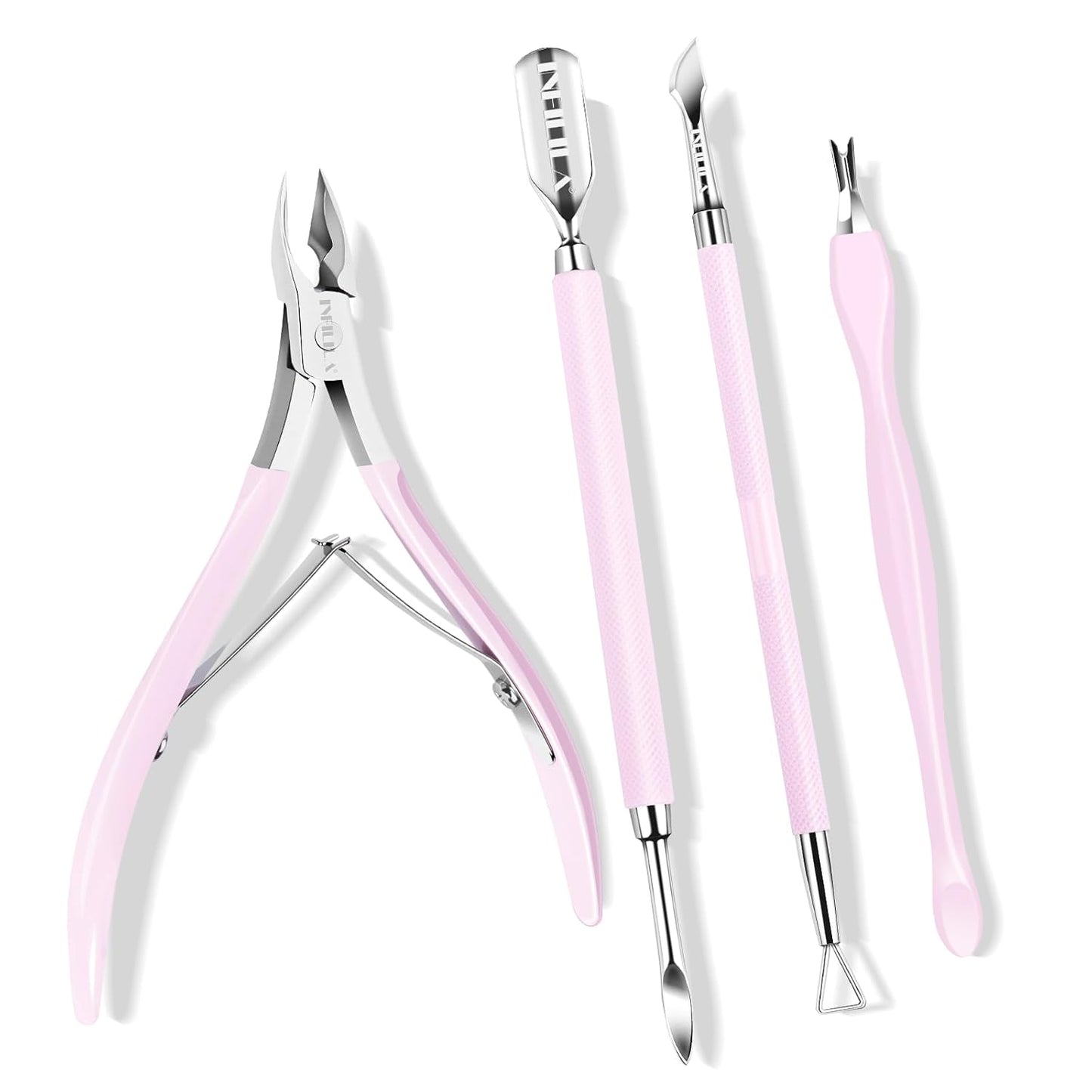 NXJ INFILILA Cuticle Remover Kit 4Pcs, Cuticle Remover Cuticle Trimmer Set Cuticle Pusher Nail Scraper Professional Pedicure Manicure Nail Tools Gift for Women Nail Tech Supplies