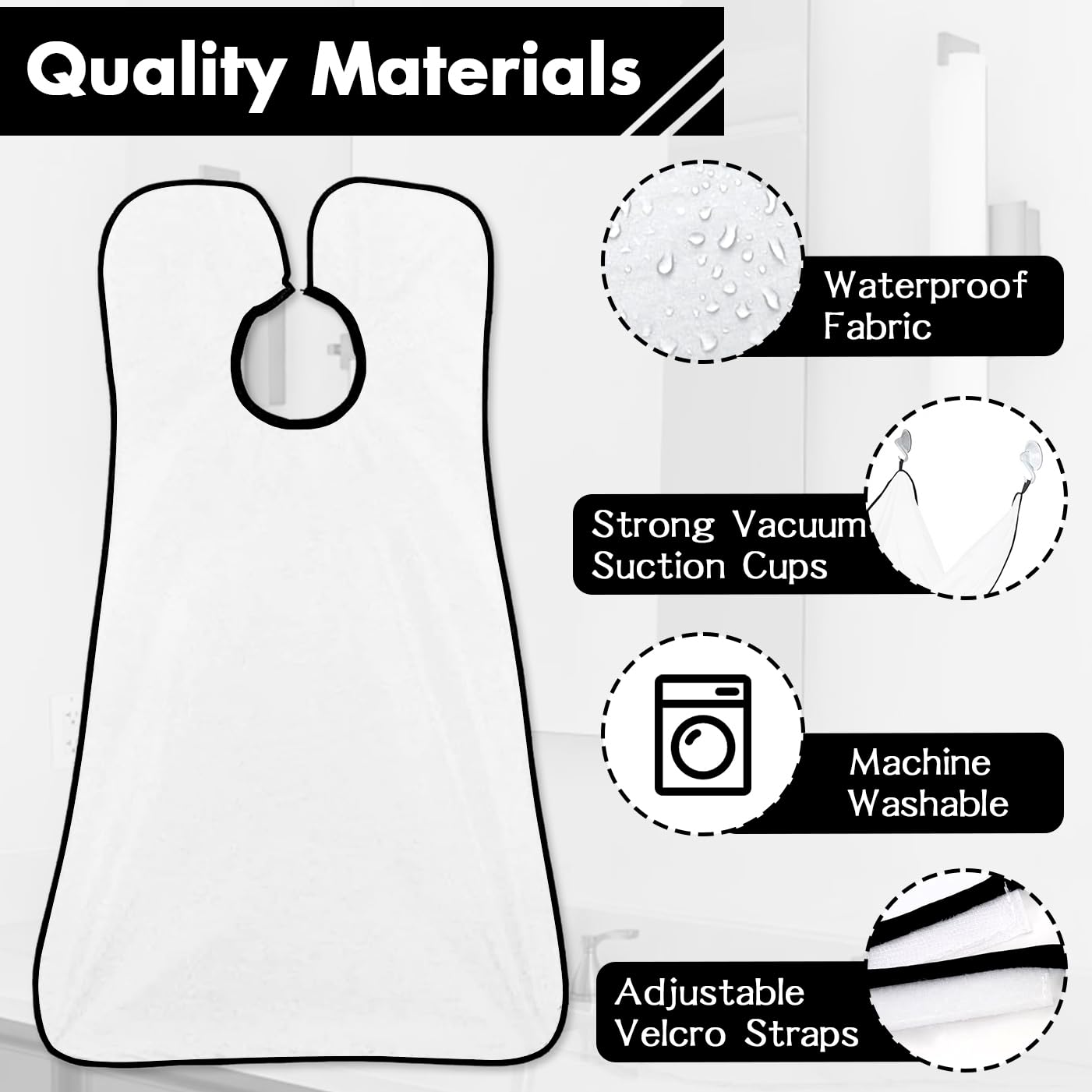 Beard Bib Apron, Father's Day Gift Trimming Catcher Bib for Shaving & Hair Clippings, Men's Waterproof Non-Stick Beard Cape Grooming Cloth, with 2 Suction Cups - White
