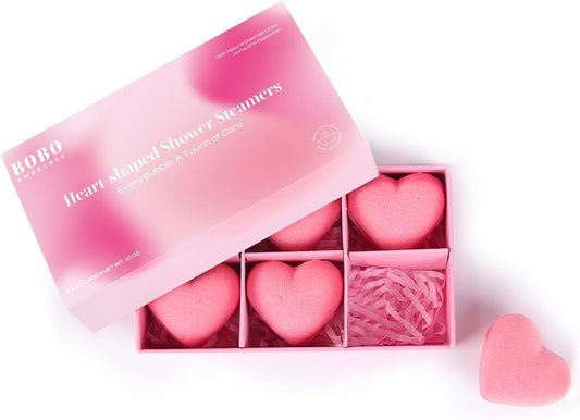 Shower Steamers Aromatherapy Heart-Shaped Pink with Rose Scent Natural Essential Oil for Self Care Home Spa Birthday Gift Daughter Wife Mom, Pack of 6 (Pink)