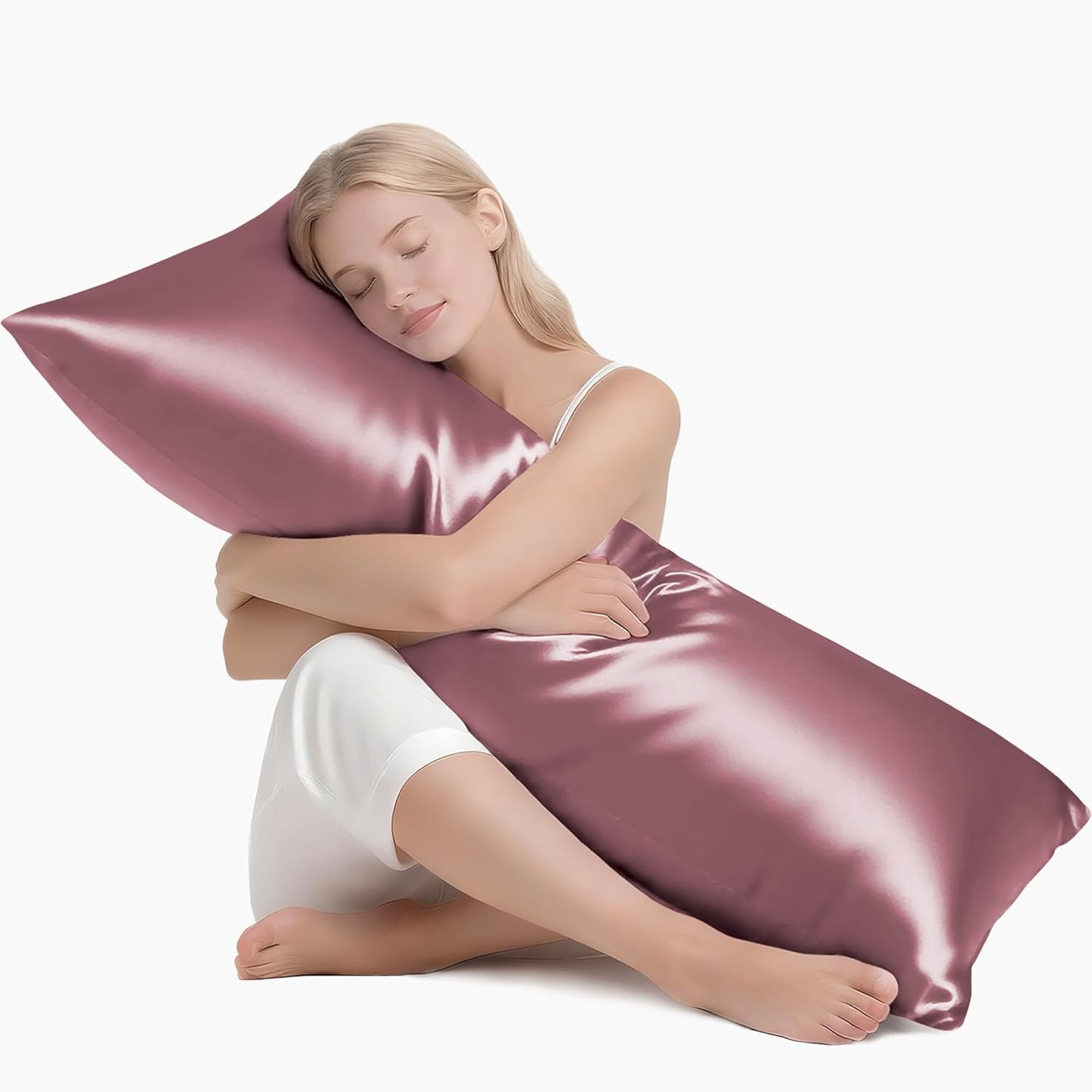 MR&HM Satin Body Pillow Cover, Soft and Breathable Body Pillow Case with Envelope Closure, Cooling and Silky Long Pillowcase for Hair and Skin,Grey (20x54, Rose Taupe)
