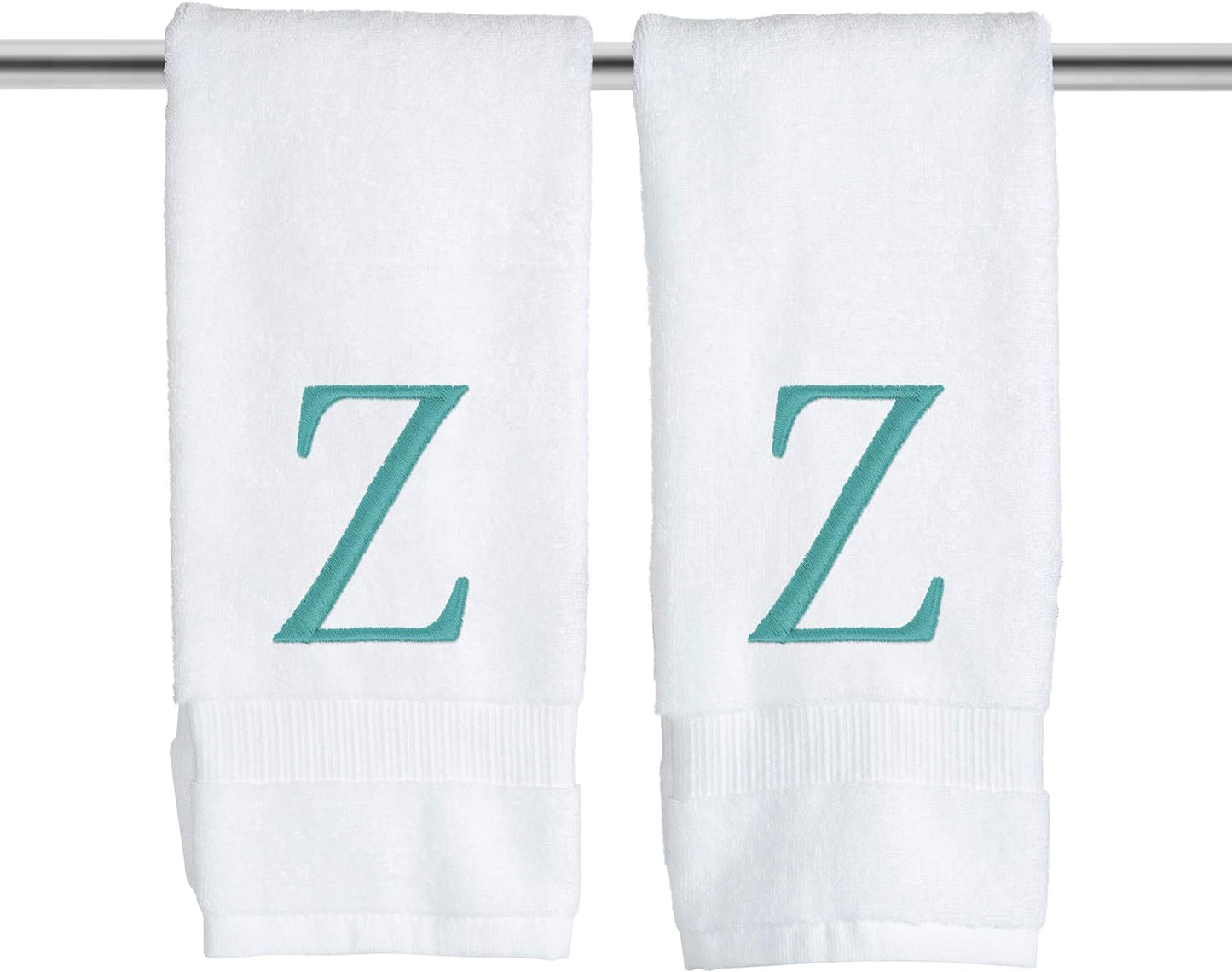 White Monogram Hand Towel for Bathroom - Monogrammed Initial Hotel Quality Decorative Embroidered Luxury Towel for Powder Room, Spa - GOTS Organic Certified - Set of 2 Teal Letter Z