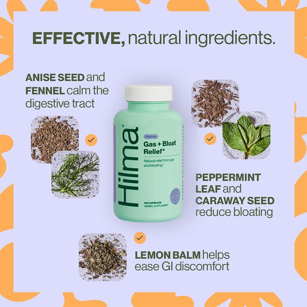 Hilma Natural Gas and Bloating Relief with Lemon Balm, Fennel & Peppermint Leaf, Doctor Formulated with Organic Ingredients, 100 Vegan Capsules