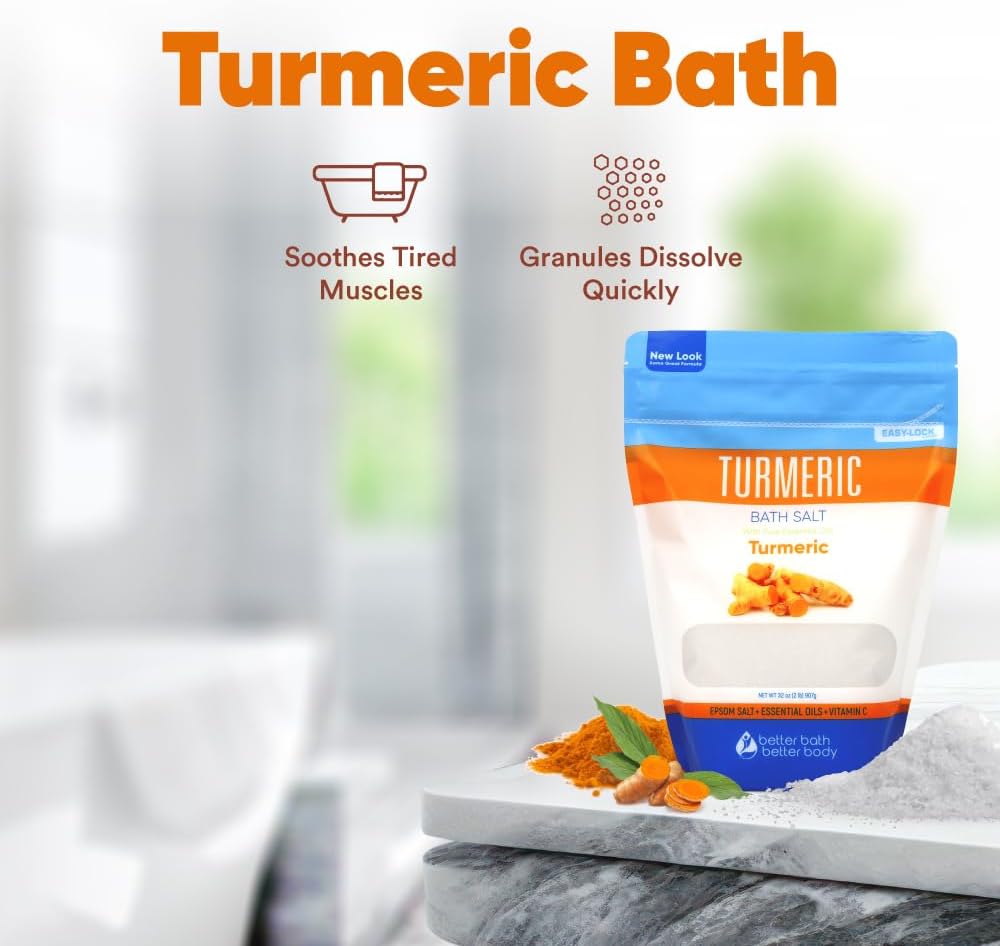 Turmeric Bath Salt 32 Oz Epsom Salt with Essential Oils Turmeric, Cinnamon, Orange Plus Vitamin C in BPA-Free Pouch with Easy Press-Lock Zipper | Natural Bath Soak to Relieve & Soothe | Made in USA