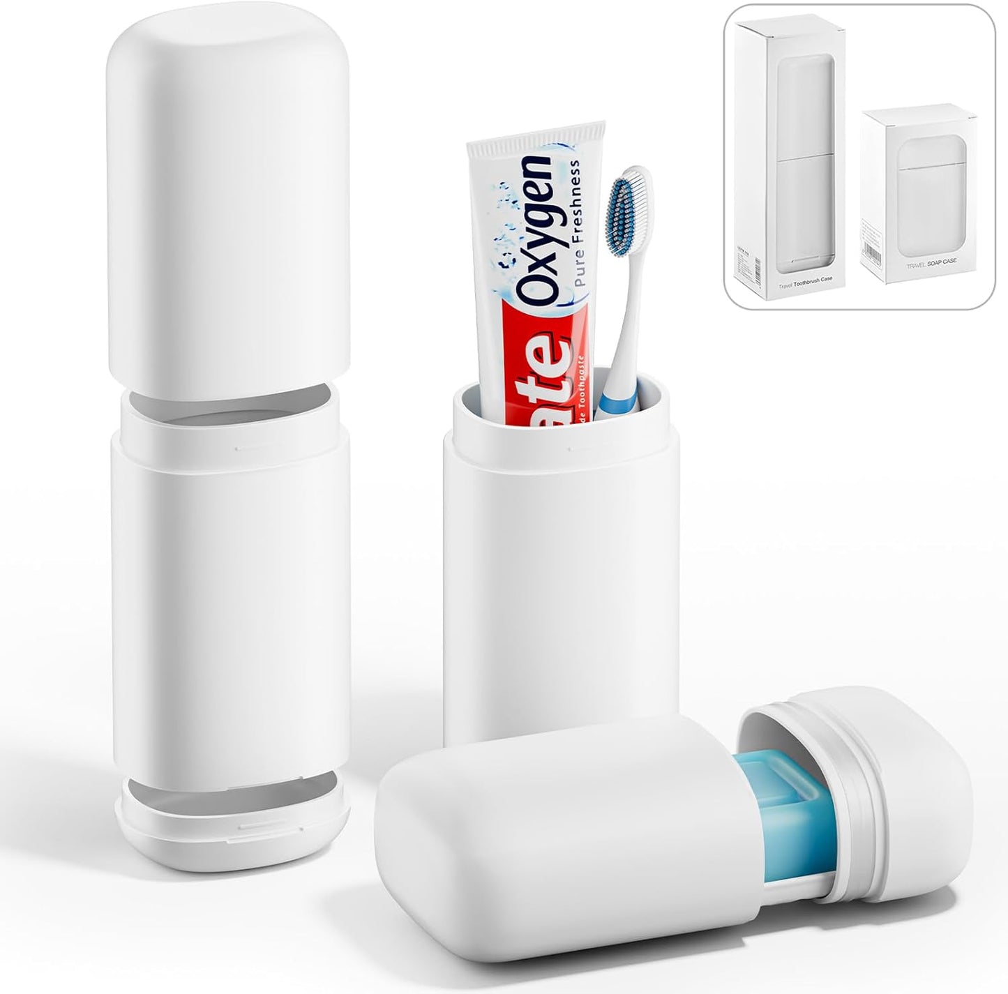 2Pack Travel Soap Case Container, Portable Toothbrush Travel Case with Cup, Tooth Brush Soap Bar Case Set for Traveling, Bathroom, Camping, Gym, White