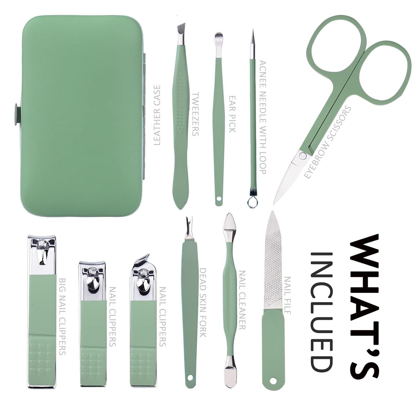 Manicure Set 10 in 1 Stainless Steel, Nail Clippers Scissors Pedicure Tools Kit - Portable Travel Grooming Kit for Men and Women with Leather Case (Jade Green)