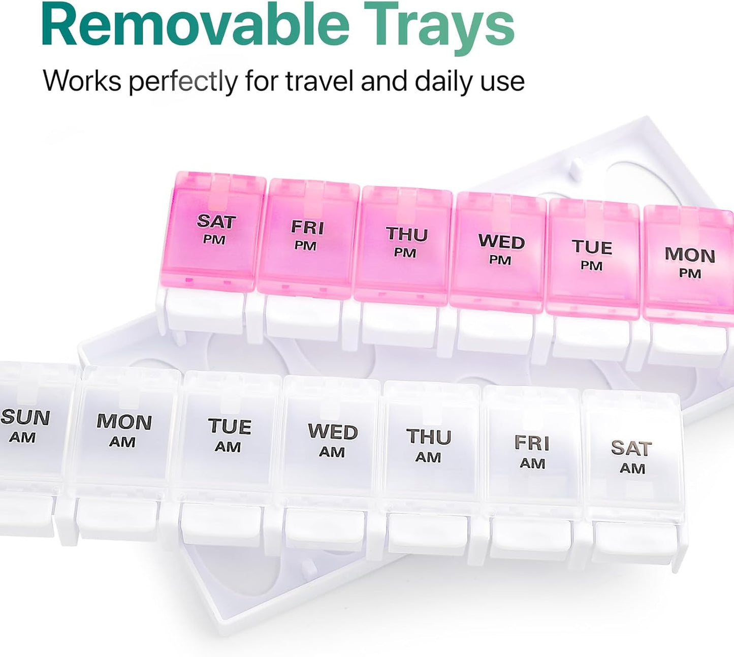 Sukuos AM PM Weekly Pill Organizer 7 Day, 2 Times A Day Medicine Pill Box with Easy Push Button, BPA Free Vitamin Cases for Fish Oil/Supplements (Pink&White)