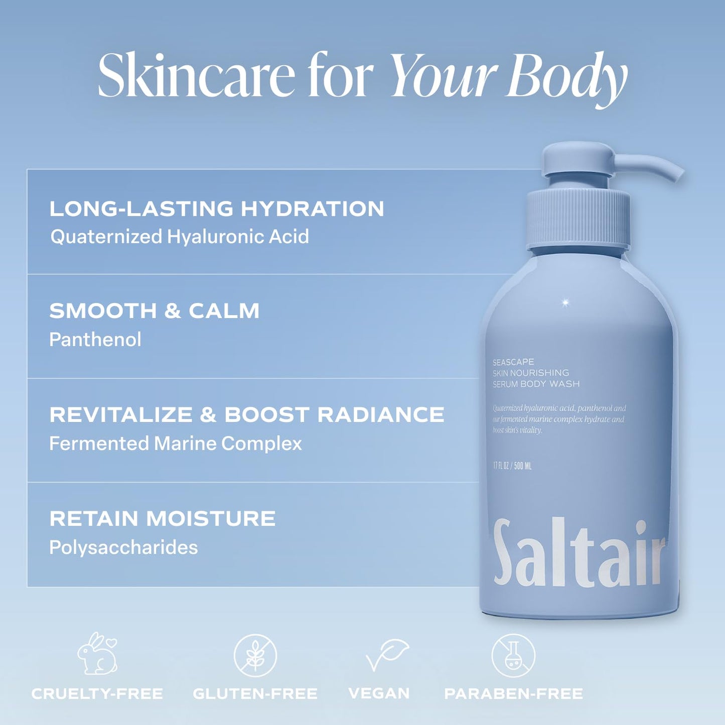 Saltair Body Wash, Seascape 2-Pack. Moisturizing Body Cleanser with Monoi Oil and Cupuacu Butter. Luxury Shower Gel for Women and Men. Vegan, Cruelty-Free, Paraben-Free. 2x 17oz Pump Bottles