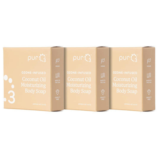 PurO3 Ozonated Coconut Oil Soap 3-Pack – Handcrafted Organic Body Wash – Natural Vegan Bars for Women & Men – Gentle, Biodegradable, Non Toxic Cleanser for Shower & Bath, 3.5 oz Bar Set