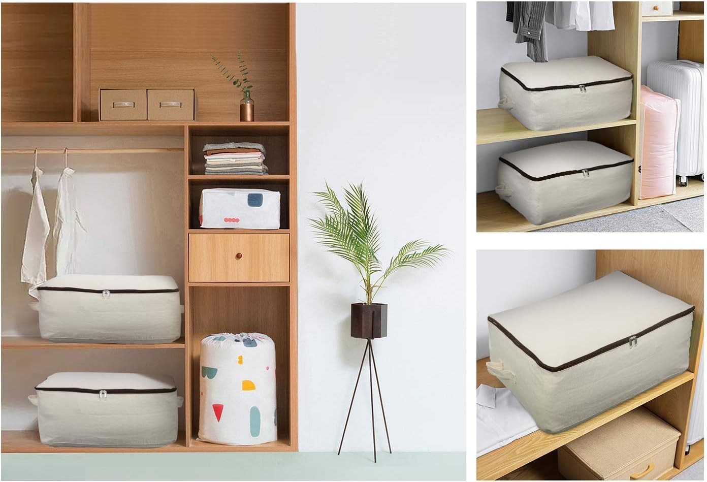 Omygarden 3 Pack Clothes Storage Bag Organizer with Sturdy Zipper for Quilts, Sweaters, Beddings, Blanket, Blouses and More, Beige