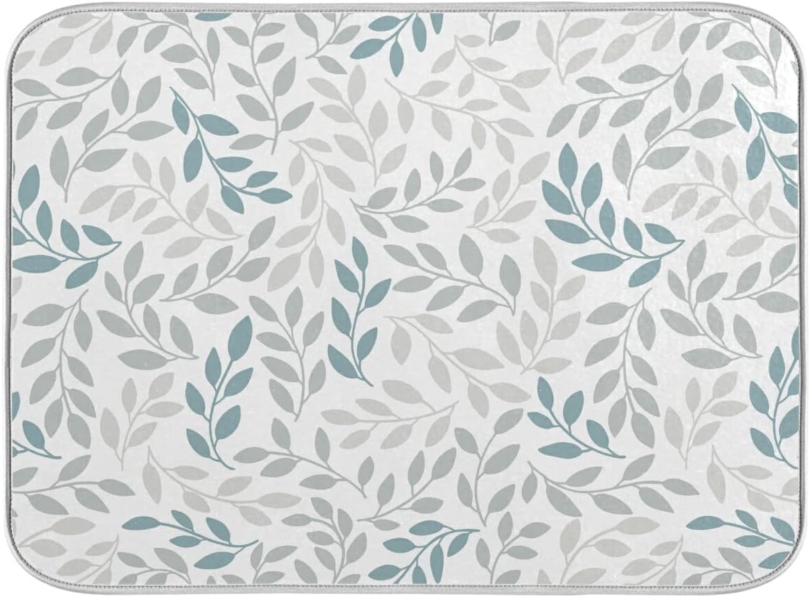 Grey and Blue Leaves branches Dish Drying Mat 18x24 for Kitchen Gray Leaves Botanical Spring Flowers Dishes Pad Dish Drainer Rack Mats Absorbent Fast Dry Kitchen Accessories