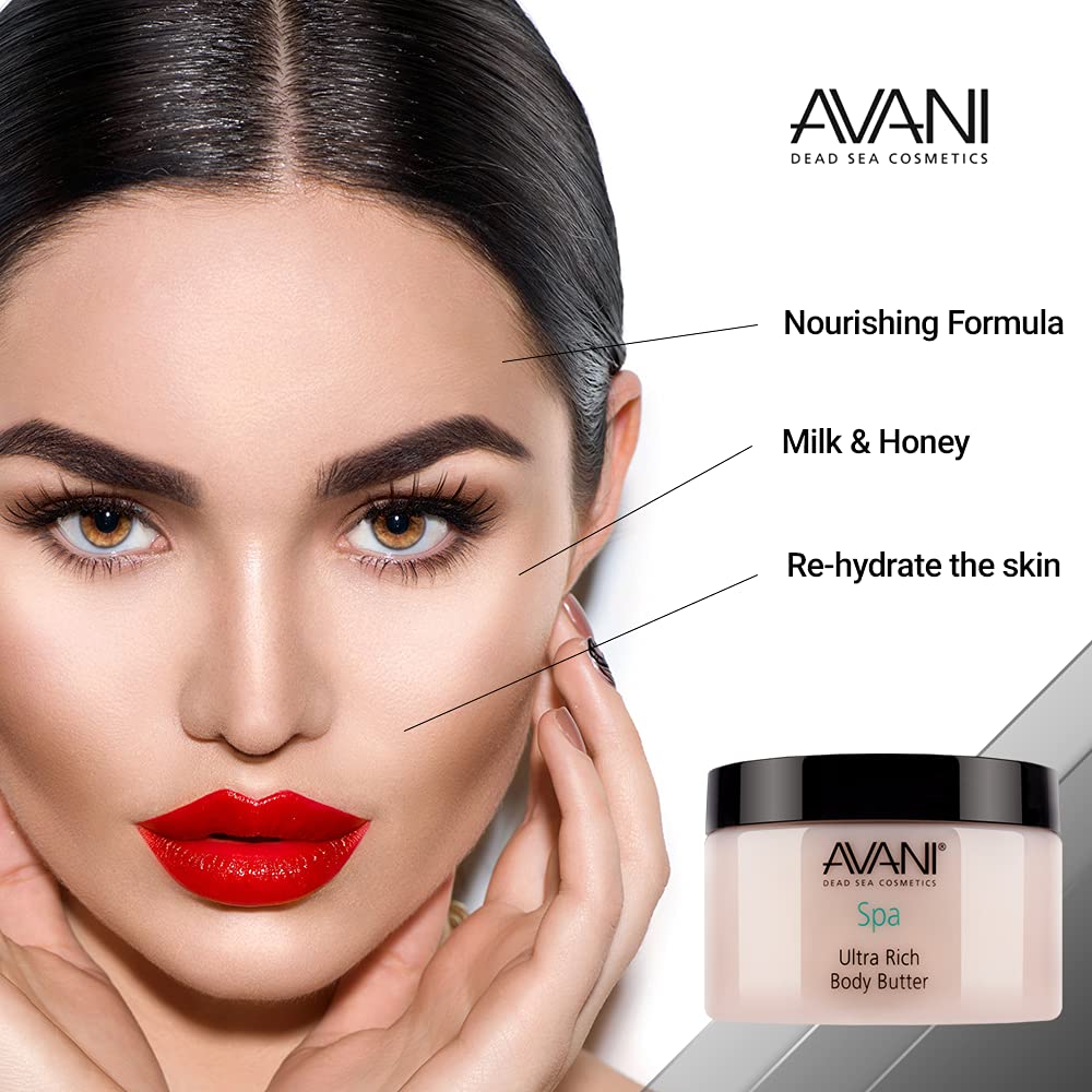 Avani Ultra Rich Body Butter - Dead Sea Salt, Aloe Vera, Vitamin E, Shea, Jojoba, Sunflower, Olive Essential Oil - Natural Butter for All Skin Types - Milk/Honey Fragrance