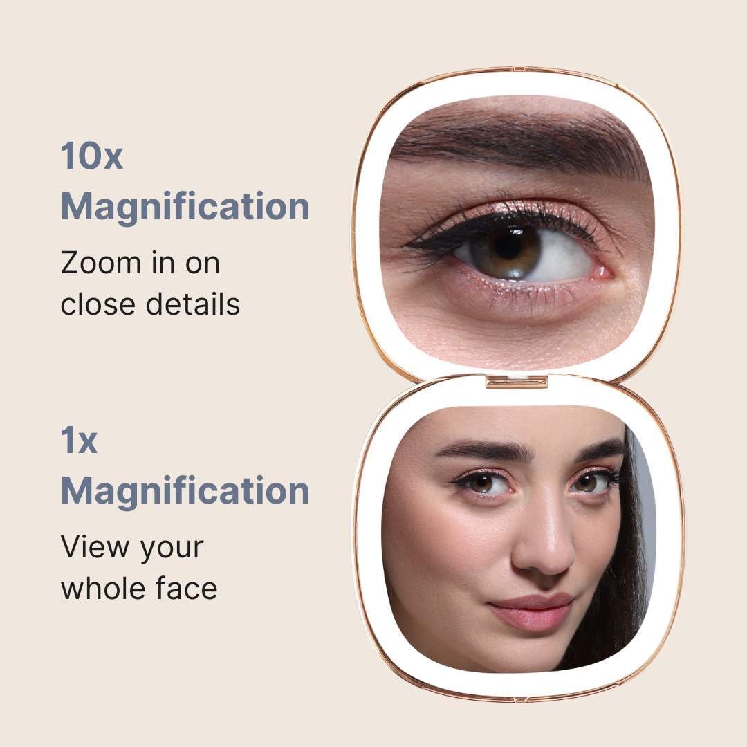 Fancii Mila 2 LED Lighted Compact Makeup Mirror, Rechargeable, 10x /1x Magnifying, Tru-Glow Light System, Vegan Leather, Small Travel Mirror for Purses (Harbor Blue)