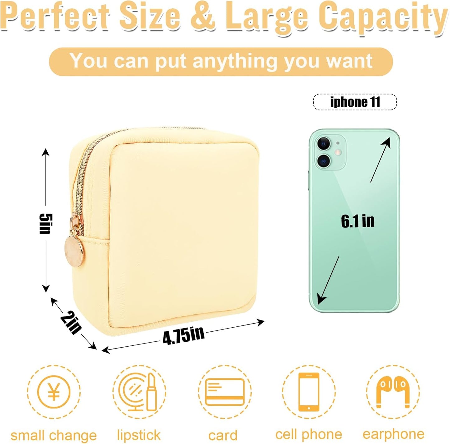 Nylon Mini Makeup Bag for Purse, Preppy Small Cute Makeup Bag Cosmetic Zipper Pouch Purse, Waterproof Travel Coin Pouch Sanitary Napkin Storage Bag Clutch Makeup Organizer for Women Men Girls(Beige)