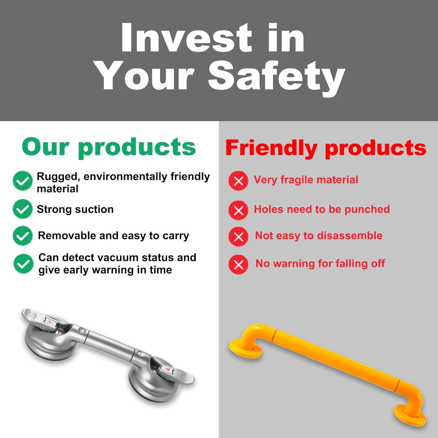 Heavy Duty Suction Shower Grab Bar - Toilet Bathroom Bathtub Safety - Shower Handles, Suction Cup Power Up to 250 LB, Perfect for Elderly Seniors(14.5 Inch, Gray Silver) h, Gray Silver