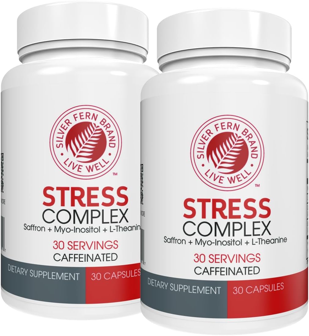 Silver Fern Stress Complex Supplement - with Caffeine - Sleep, Worry, Mood & More - with Saffron Supplements, L-Theanine Supplement, and Myo-inositol - Natural Stress Relief Supplement (Pack o 2)