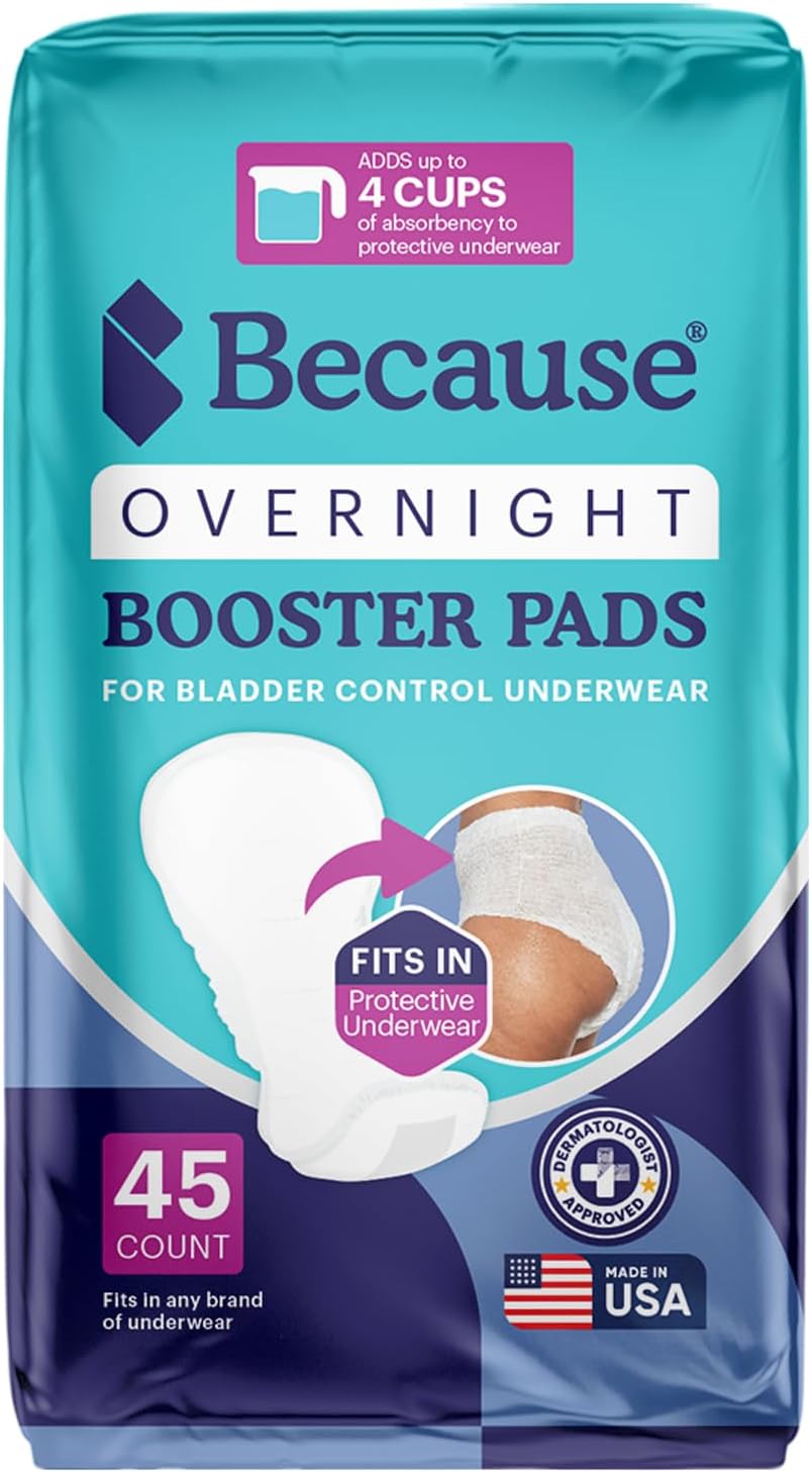 Because Overnight Incontinence Booster Pads for Men and Women, Adds 4 Cups Extra Absorbency to Adult Diapers, Super Soft, Adhesive Strip Backing, Unisex, 45 Count