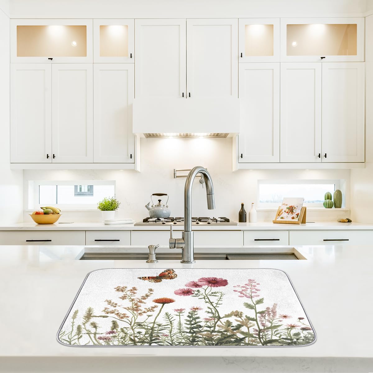 Dish Drying Mat Spring Botanical Butterfly Wildflowers Large Drying Mat for Kitchen Counter 18x24in Absorbent Dish Drainer Rack Pad, Heat Resistant Coffee Bar Mats Countertop Protector