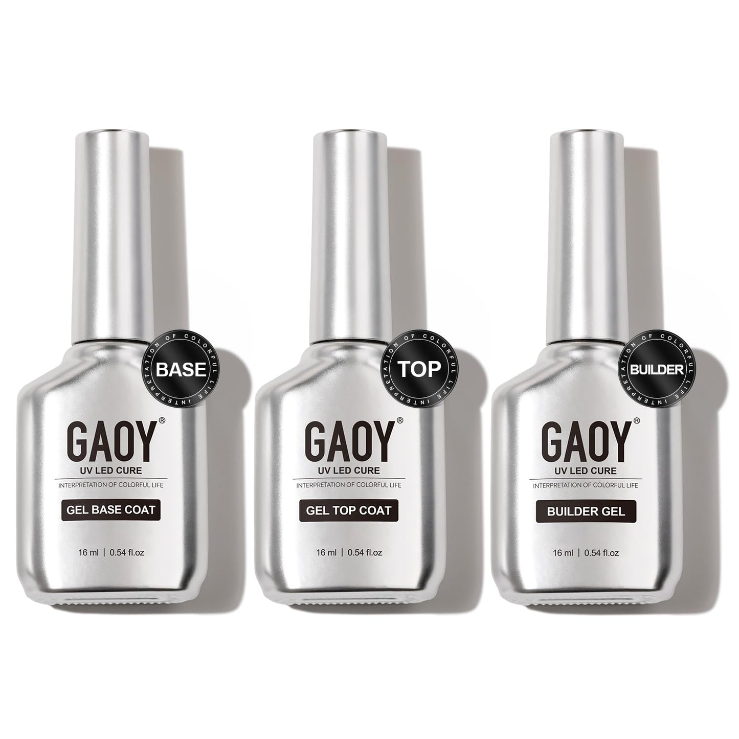 GAOY Gel Top Coat, Builder Gel and Base Coat Set, 3 Pcs 16ml Clear Glossy No Wipe Combination for UV Light Cure