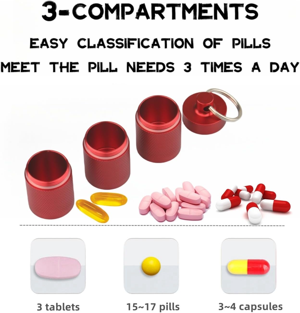 Waterproof Keychain Pill Holder - Compact, Portable, and Secure Pill Box with 3 Compartments - Pocket-Sized Pill Case and Container for Daily Medication on The Go (Wine Red)