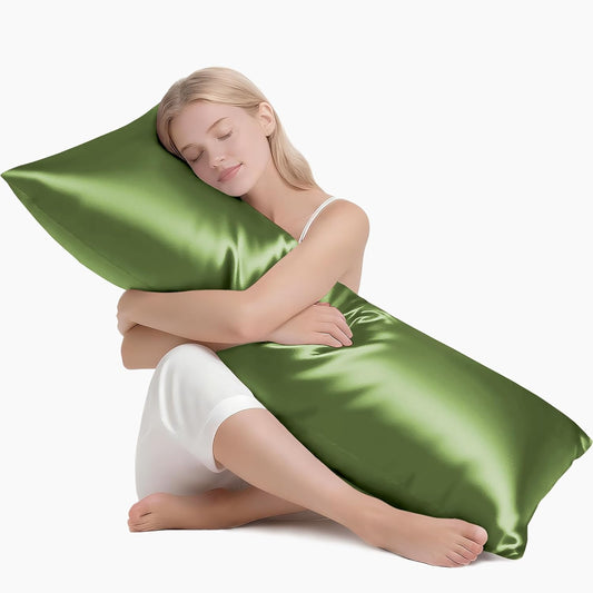 MR&HM Satin Body Pillow Cover, Soft and Breathable Body Pillow Case with Envelope Closure, Cooling and Silky Long Pillowcase for Hair and Skin,Grey (20x54, Sage)