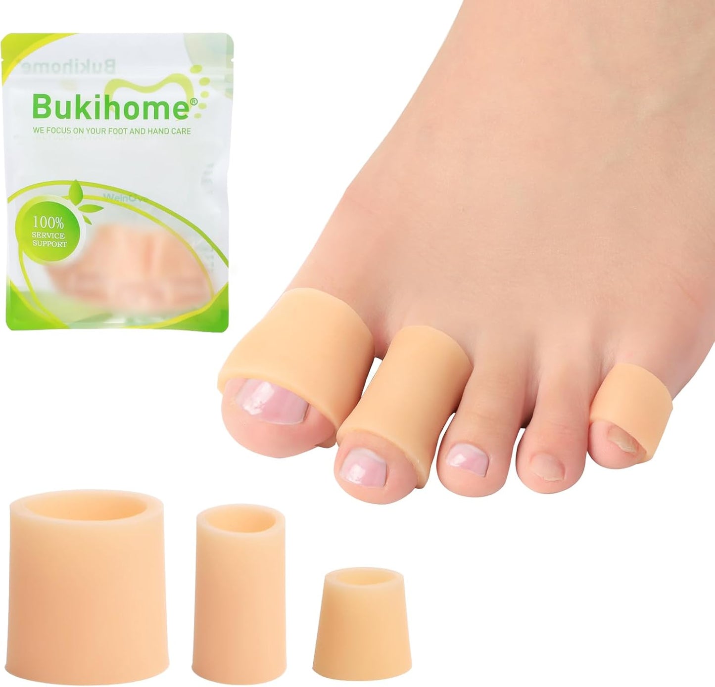 Bukihome Silicone Toe Protectors – 14 Pack Silicone Toe Sleeve for Hammer Toes, Corns, Calluses, Blisters – Soft Gel Protector Toe Cushions for Pain Relief (Beige, Multi-Size)