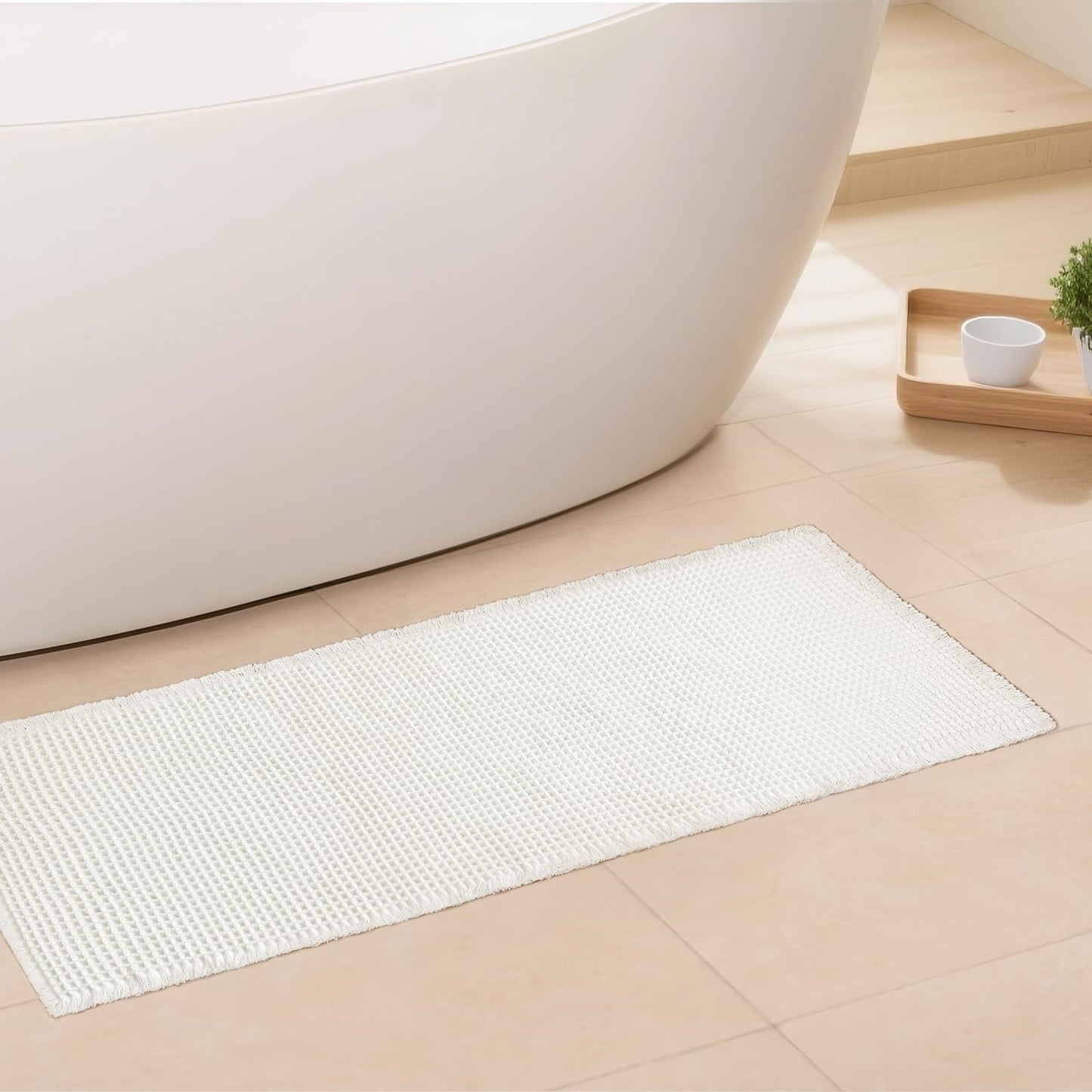 White Bathroom Rugs, Waffle Bath Mat Non Slip Washable, Super Absorbent & Quick Dry, Boho Bath Mat Farmhouse Bathroom Decor, 20'' x 48'', White