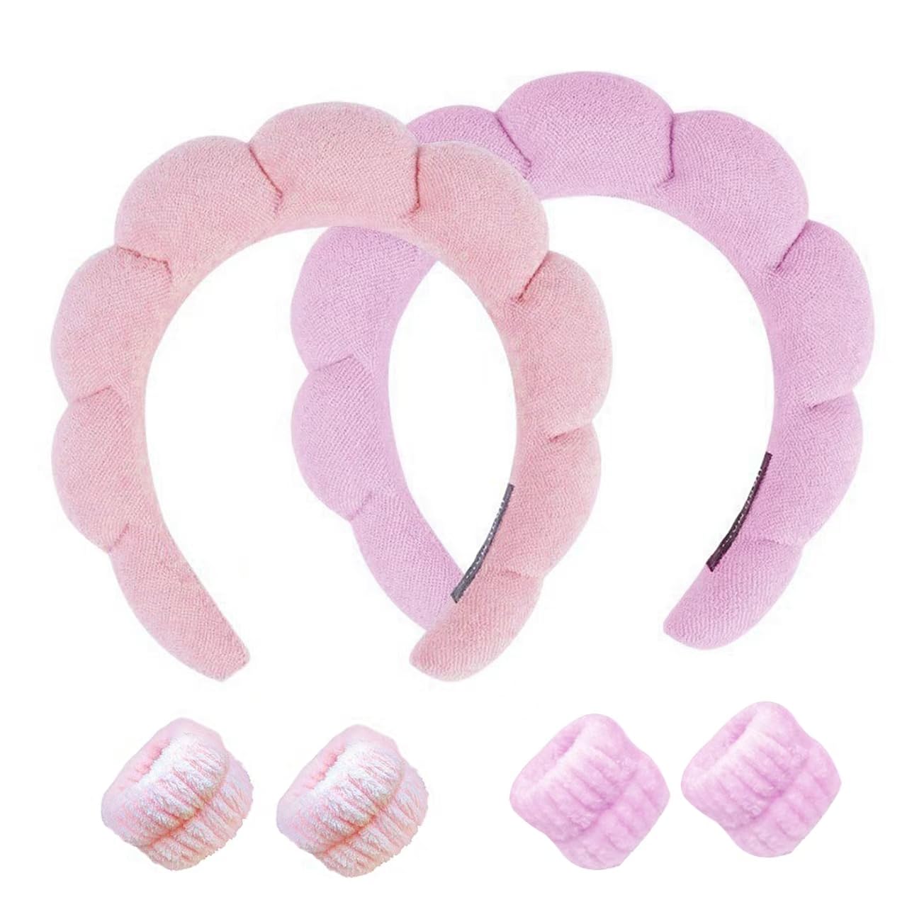 Spa Headband and Wristband Set for Women,Terry Cloth Sponge Headband for Washing Face,Makeup,Facial Mask and Skincare (Pink,Purple, One Size)